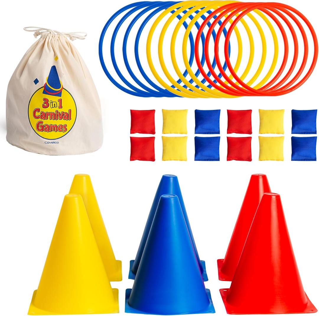 Ring Toss Game, Obstacle Course for Kids 3-5 & Birthday Party Games, Carnival Bean Bags for Tossing Gross Motor Toys for Toddlers 3-5, 12 Rings & 12 Bean Bags, 6 Cones for Kids, PE Equipment