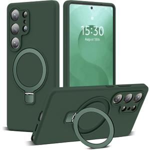 Designed for Samsung Galaxy S25 Ultra 6.9'' with Magnetic Ring Stand[Compatible with Mag-Safe][Military-Grade Protection] Slim Liquid Silicone S25 Ultra Phone Case for Men Wowen,Green