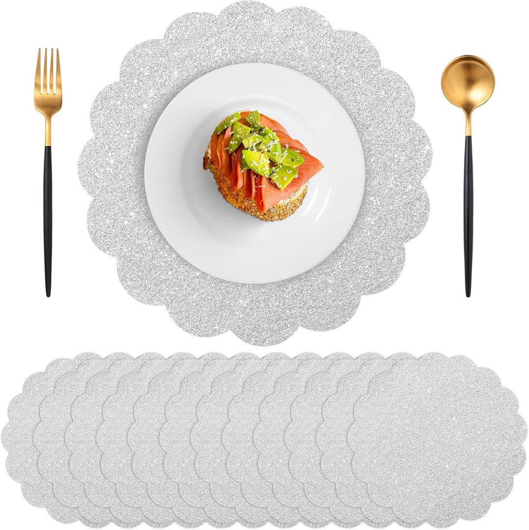 60 Pcs Silver Glitter Paper Placemats, 13.5 Inch Scalloped Disposable Placemat Round Sparkle Table Place Mats Decorative Paper for Birthday Wedding Banquet Party
