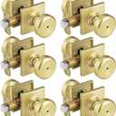 6 Pack Gold Interior Door Knobs for Bath & Bed, Pismo Doorknob Turn Lock with Square Rosette, Satin Brass Heavy Duty Door Knob with Lock