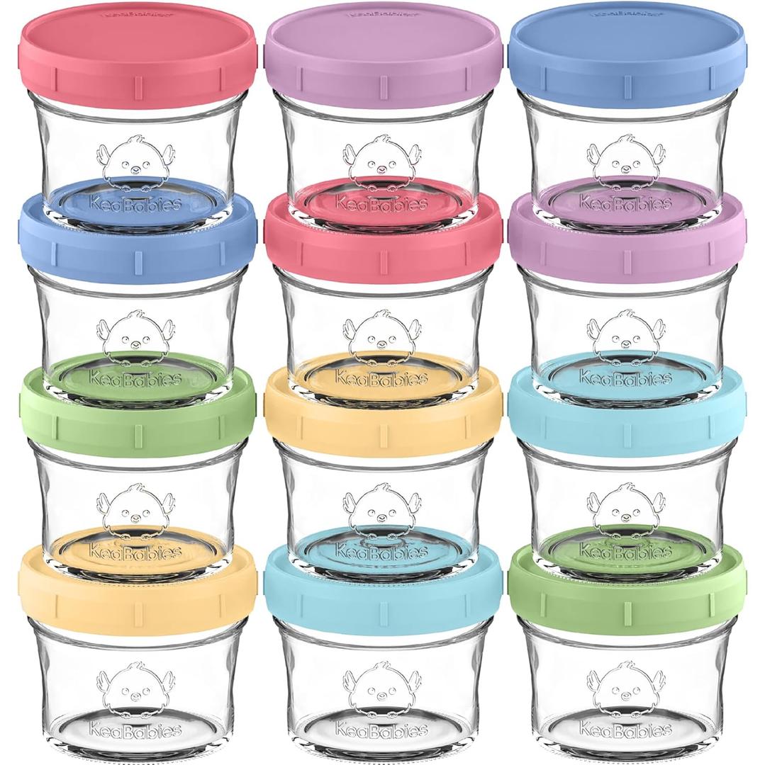 KeaBabies 12pk 4oz Glass Baby Food Containers with Lids - Leak-Proof, Microwavable Small Glass Jars, Baby Purees & Toddler Snack Storage Containers, BPA-Free, Dishwasher & Freezer Safe (Nord)