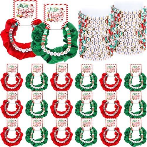 Hoteam 15 Sets Christmas Polymer Clay Beaded Stretch Bracelets Xmas Soft Red Green Hair Scrunchies Friendship Bead Bracelets Velvet Scrunchies for Party Supplies Decorations(Christmas)