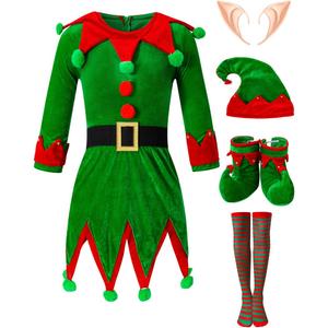 Women Christmas Elf Costume Set Dress Santa's Helper Xmas Outfit with Hat Ears Belt Socks Shoes (Medium, Green)