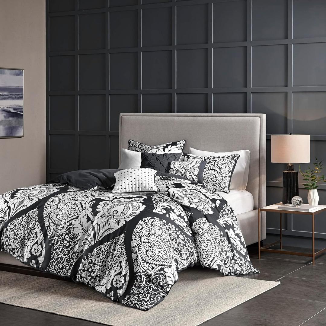 Madison Park Vienna Cotton Poly Blend Duvet Set Modern Design, Printed Damask Design, All Season Cover for Comforter Bedding, Matching Shams, Decorative Pillows King/Cal King Black 6 Piece (King/California King (104 in x 92 in))