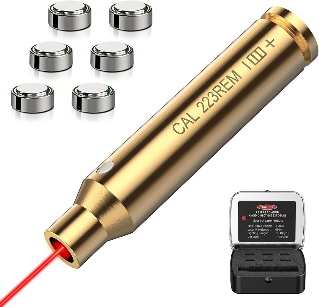 EZshoot Bore Sight Laser 9mm/223 5.56mm/243 308/12-Gauge Red Laser Boresighter with Portable Tin Case and Extra Batteries (Gold)