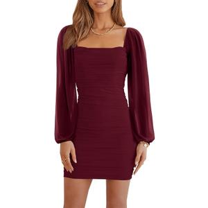 Wenrine Women's Mesh Long Sleeve Square Neck Ruched Party Club Cocktail Bodycon Mini Dress (Burgundy Red, Small)