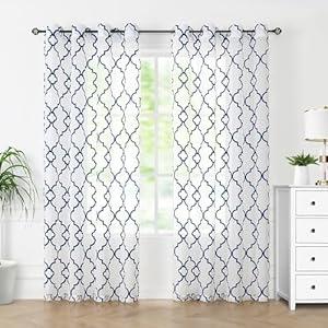Navy Blue and White Sheer Curtains for Bedroom Living Room 84" Blue Lattice Moroccan Embroidered Curtains Linen Textured Light Filtering Grommet Top Window Drapes for Garden Patio Parlor 52" W x 2pcs
