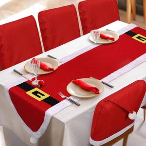 Christmas Chair Covers Set of 6 with Christmas Table Runner Include 1 Xmas Red Table Runner 6 Santa Claus Hat Slipcover for Dinner Kitchen Restaurant Home Decor