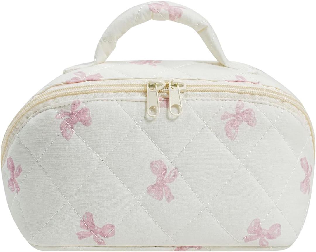 JOVAKIT Large Capacity Quilted Makeup Bag, Travel Cosmetic Bag for Women, Floral Cotton Travel Toiletry Pouch, Handle Zipper Make Up Open Flat Organizer Bag (Pink Bow Tie)