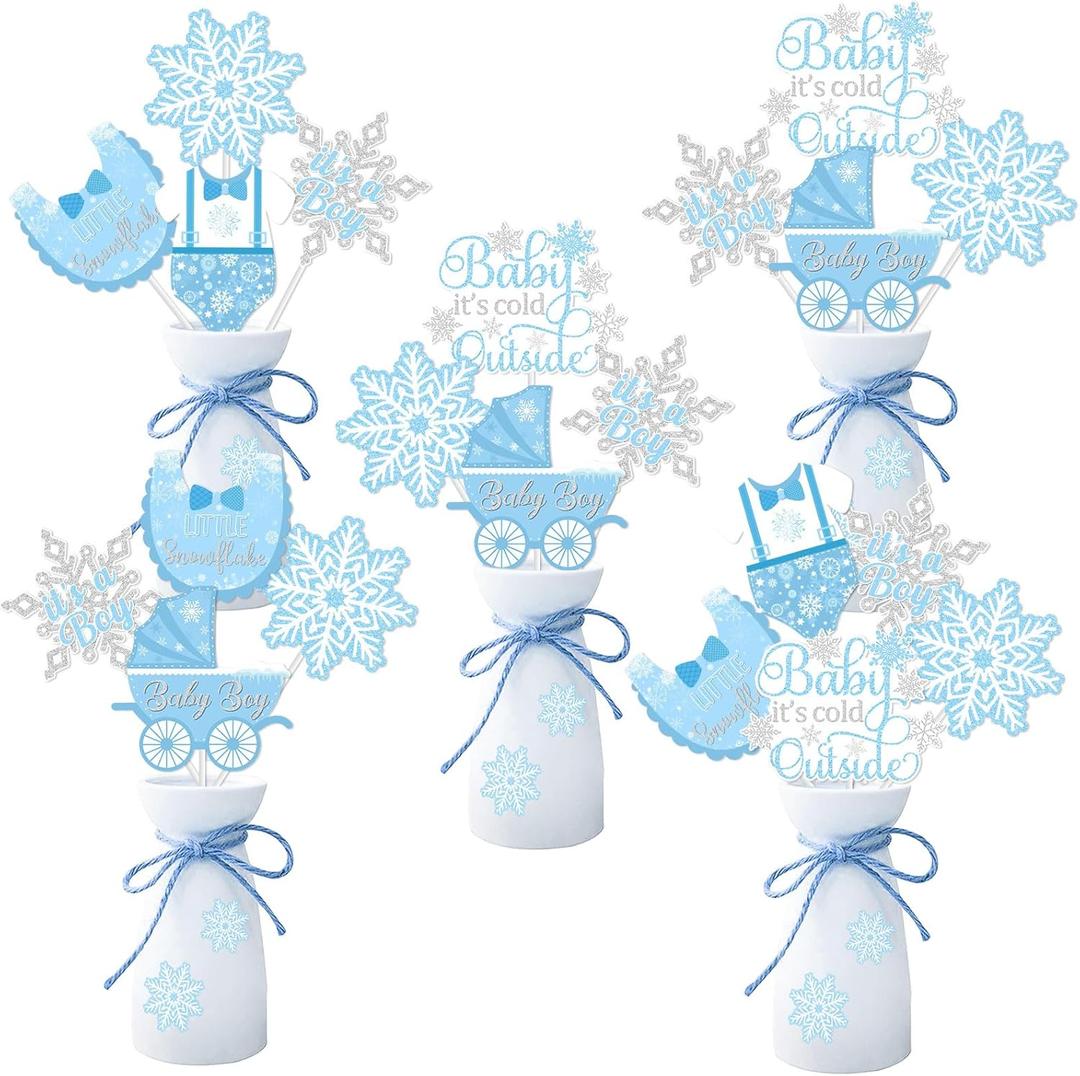 24pcs Winter Snowflake Baby It's Cold Outside Centerpieces Sticks Baby Shower Decorations for Boy, Blue White Little Snowflake It's A Boy Table Toppers Decors Gender Reveal Party Supplies