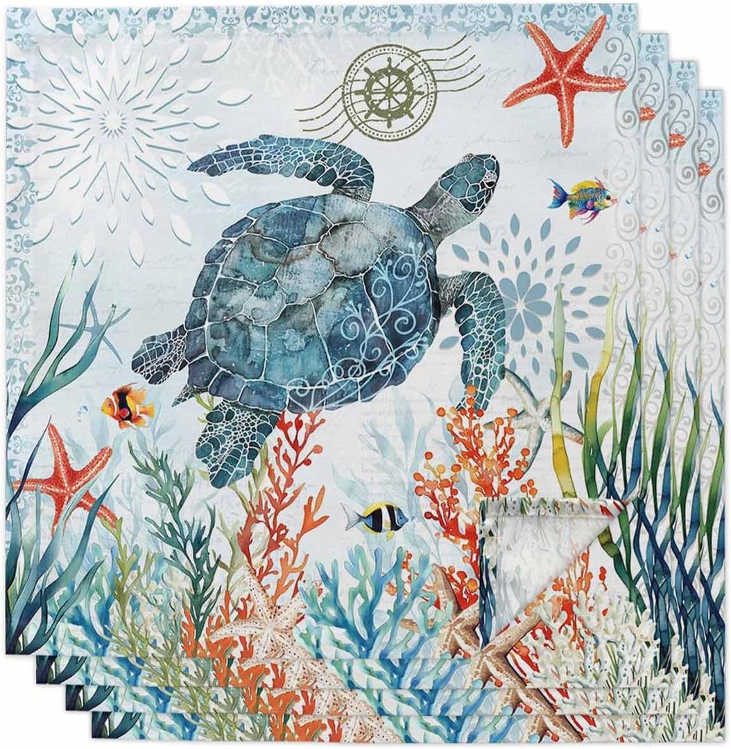 Coastal Turtle Cloth Napkins Set of 4, Ocean Coral Seaweed Reusable Dinner Napkins Cloth Summer Nautical Washable Dinner Towel for Wedding Party Kitchen Table Decoration, 20x20 Inch (Light Blue Red)