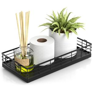 Toilet Paper Basket, 13 Inch Oak and Iron Tank Tray Top of Toilet Storage Toiletries Organizer for Bathroom, Living Room and Kitchen (Black)