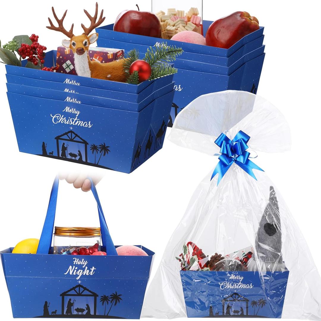Moinchore 12 Pcs Christmas Nativity Basket for Gifts Empty 9.8x6.5'' Jesus Holy Night Market Tray Cardboard Basket with Bows, Plastic Bags, Twist Ties, Empty to Fill for Religious Christian Party (Dark Blue)