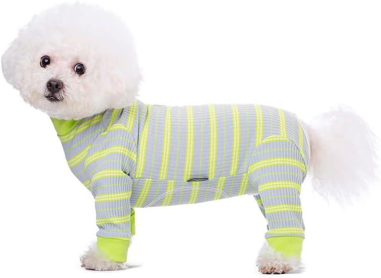 Dog Striped Recovery Suit, Puppy After Surgery Onesie for Female Male Dogs, Dogs Cats Long Sleeve Pajamas Bodysuit, Surgery Abdominal Wound Bandages Clothes for Shedding Skin Disease Green (Small)