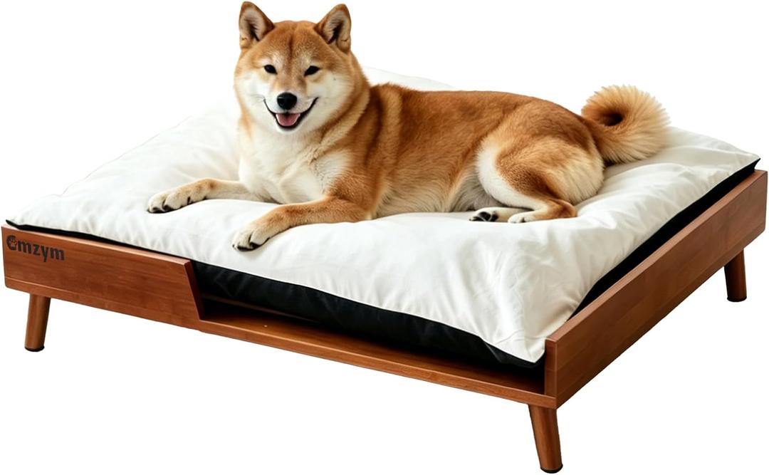 Elevated Dog Bed, Reversible Warm & Cooling Cushion, 24"x19" Mid-Century Modern Solid Wood Elevated Pet Bed Frame, Easy Assembly Raised Dog Bed for Medium Dogs Natural Wood