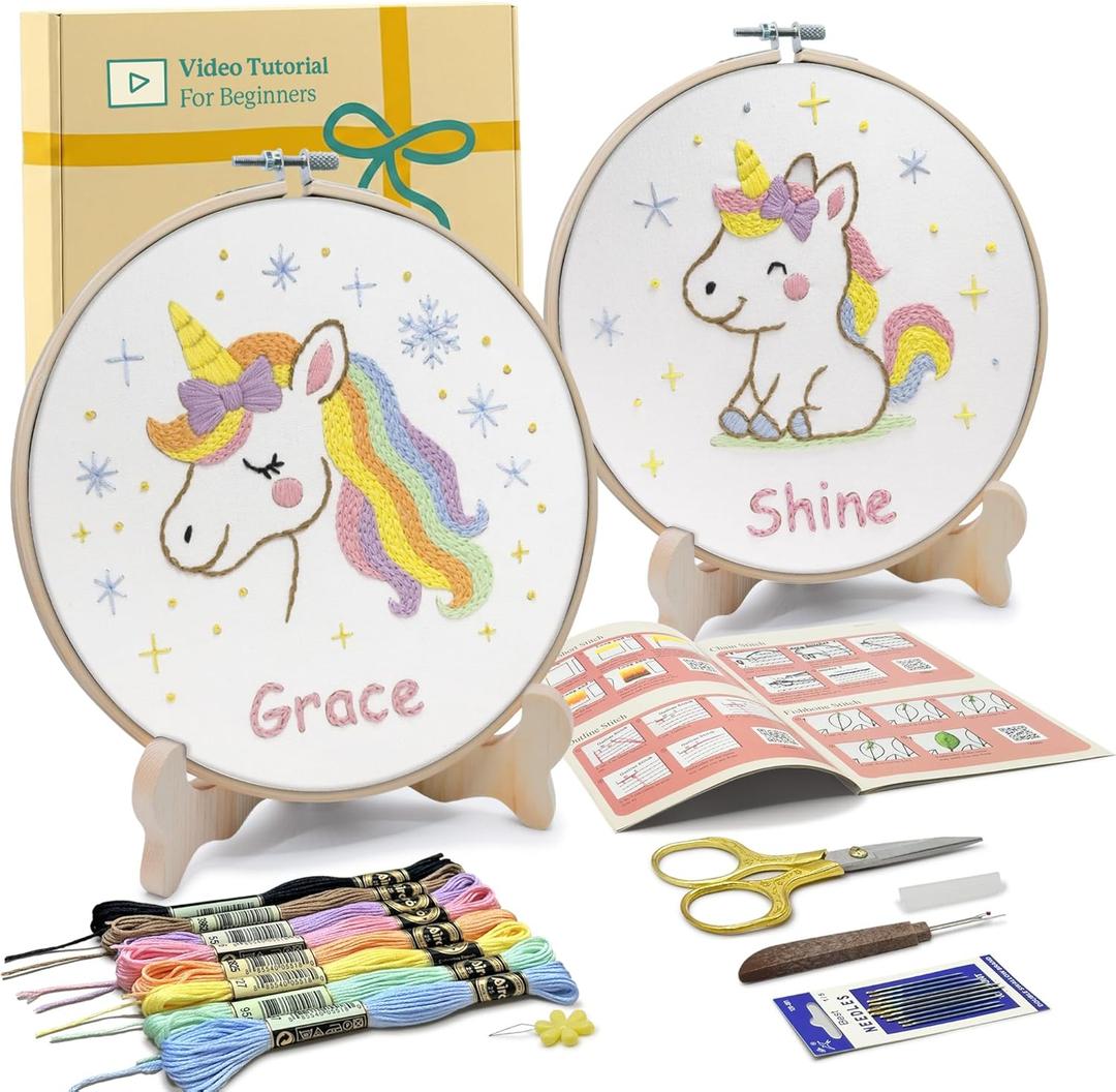Bradove Embroidery Kit for Kids and Adults, Unicorns Embroidery Kit for Beginners, Easy Needlepoint Starter Kit with 2 Display Stands