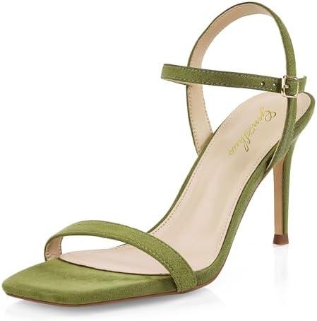 GENSHUO Women’s Strappy High Heeled Sandals 3 Inch Square Open Toe Stiletto Heels Slingback Shoes with Ankle Strap for Wedding Party Chic and Sexy, 8.5