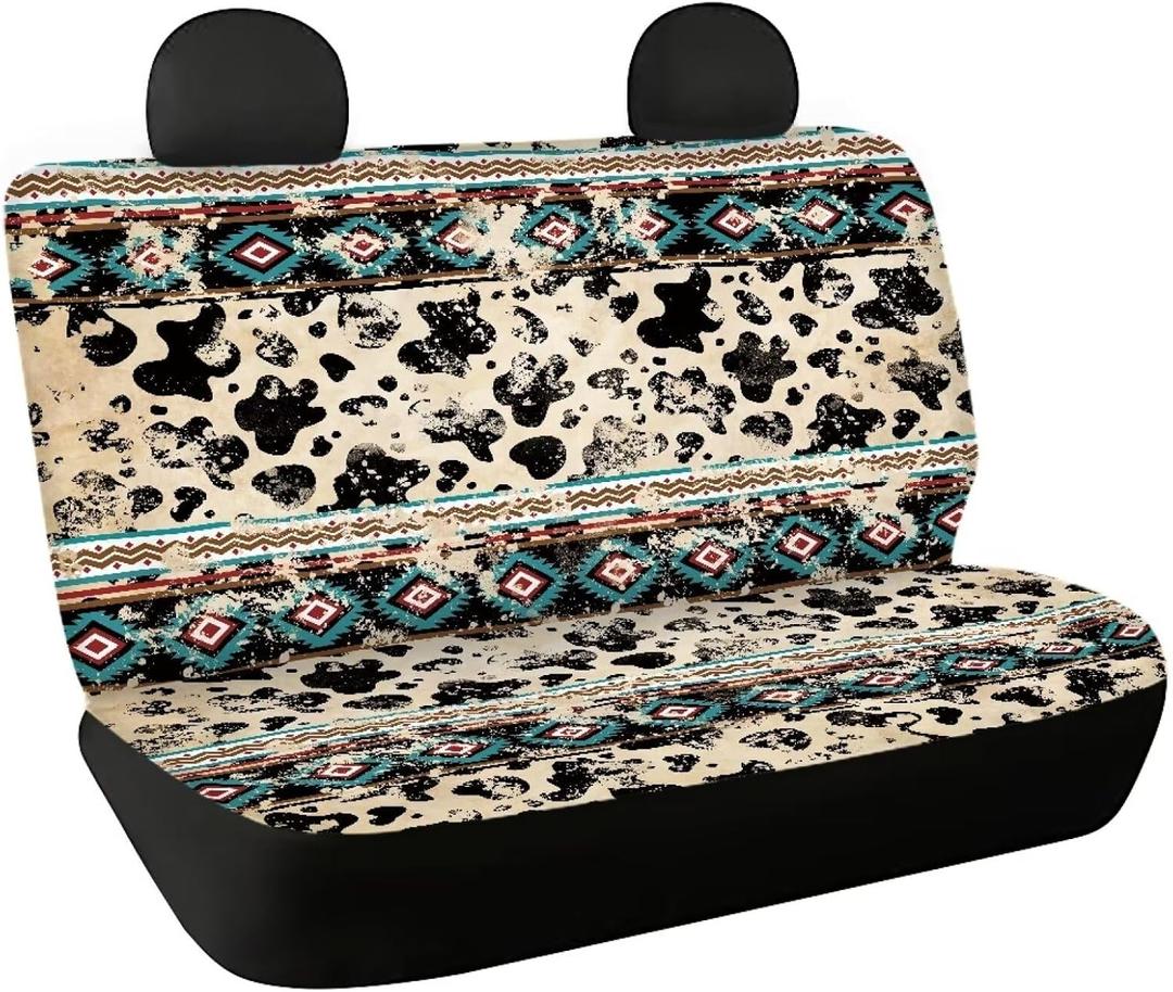 Binienty Aztec Cow Print Car Back Seat Cover Vehicle Interior Bench Seat Protector Covers, 2 Pcs Set Protector Universal Fit Trucks SUV Van