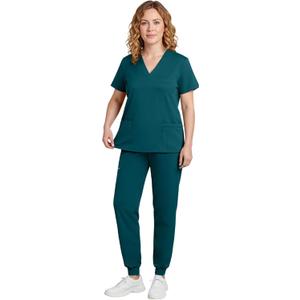 Scrubs for Women Set - Stretchy V-Neck Top & Jogger Pants, 8 Pocket, Medical Uniform, Workwear for Nurses (Large, Green)