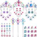 DUDUCOFU Princess Kids Jewelry for Girls Light Up Princess Crowns Wands, 40 Pcs Dress Up Accessories with Necklaces Rings Clip on Earrings for Girls Costumes Jewelry Toys Gift