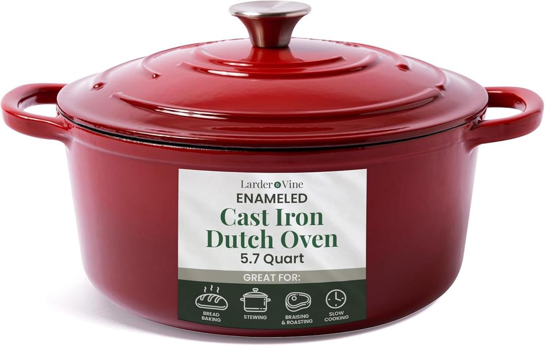 Larder & Vine Enameled Cast Iron Dutch Oven Pot with Lid | Bread Baking | Compatible on All Cooktops & Oven Safe to 500 F | Great for Sourdough Bread | Cabernet (5.7 QT)