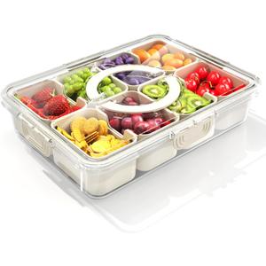 Snackle Box Container with Sealed Lid  Portable BPA-Free Snack Box with Foldable Handle, Divided Serving Tray for Fruit, Candy, Nuts & Veggies  Perfect for Travel, Picnic, Beach & Party 11.8" x 8.8" (White)