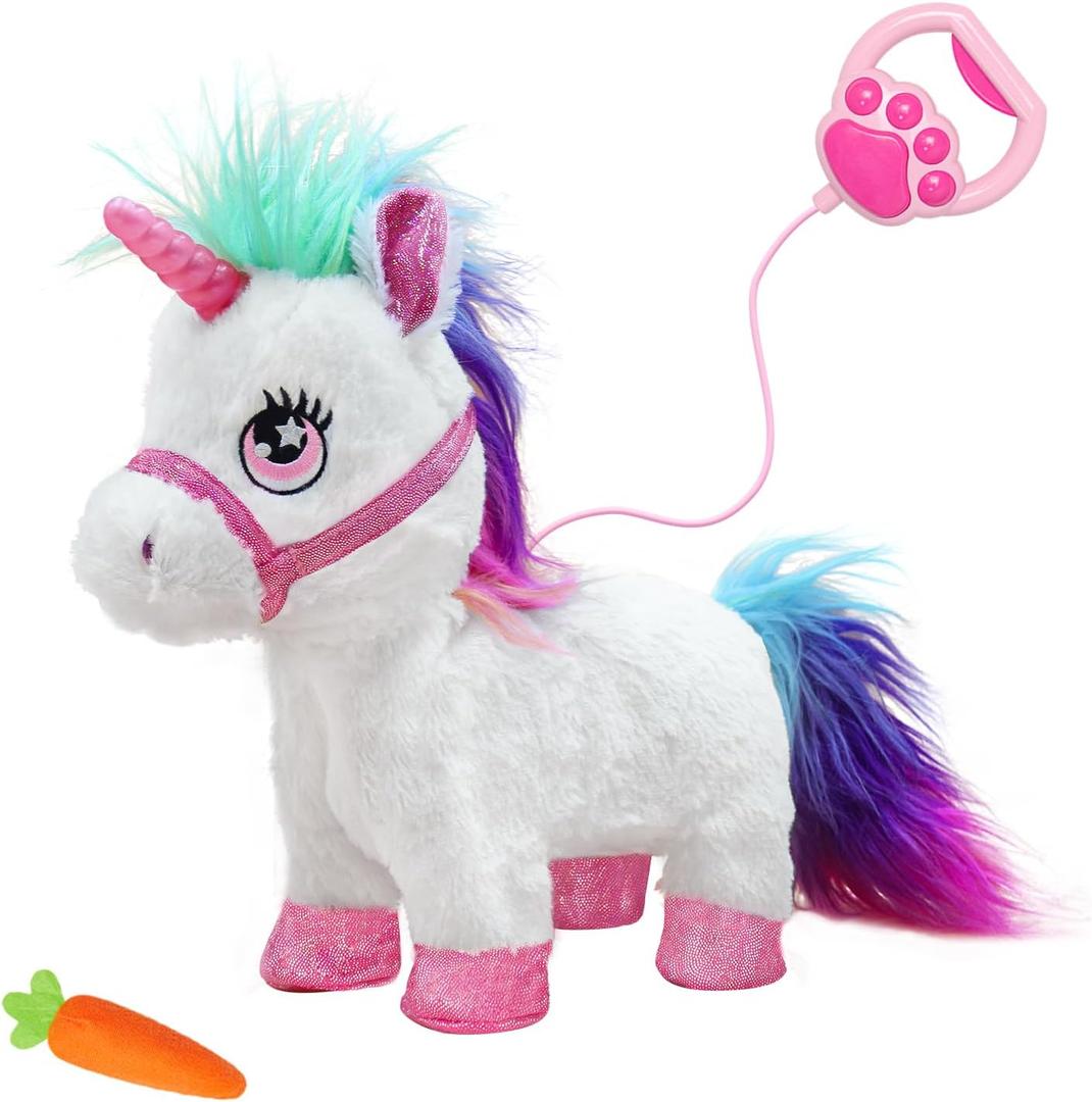 Interactive Unicorn Pet Toy with Leash Remote  Walks, Sits & Eats; Light-Up Horn, Touch & Sound Mode, Comb & Carrot, 3AAA (Not Included), YH YUHUNG Unicorn Gift Toy for Girls Age 4-6
