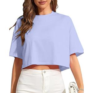 Womens Workout Cropped T Shirts Short Sleeve Drop Shoulder Tees Round Neck Loose Fit Basic Solid Crop Tops (L)