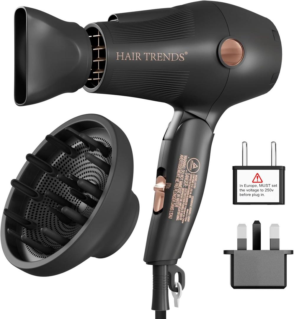 Travel Hair Dryer with Diffuser and Concentrator, Dual Voltage Hair Dryer (110V-250V) for European Trips, Compact Portable Blow Dryer for Women & Men with EU&UK Plug