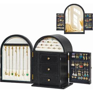 Poyilooo Jewelry Box Organizer, Solid Wood Jewelry Box Storage Necklaces Rings Earrings Bracelets with Mirror & Drawers, Christmas Gifts for Women (Black)