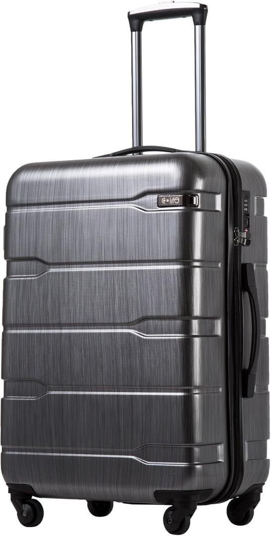Coolife Medium Checked Luggage Hardside PC+ABS Suitcase with TSA Lock, Lightweight Rolling Carry On with Spinner Wheels (Charcoal, 24in)