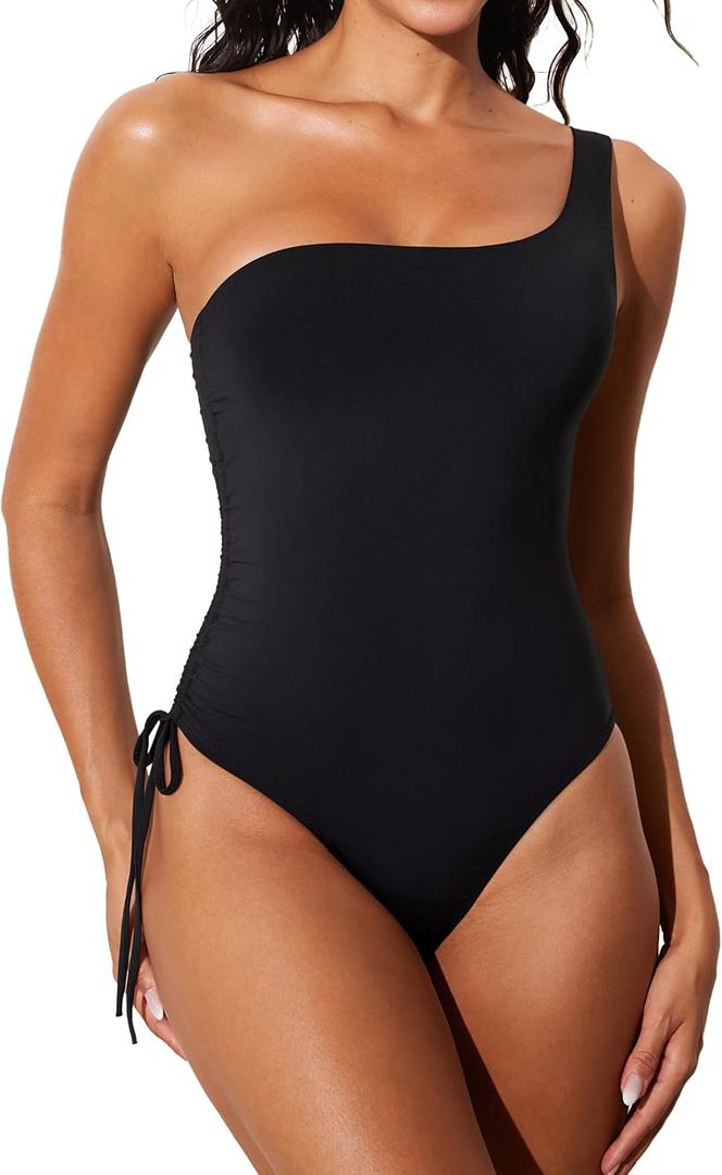 DOBREVA Women's One Piece Swimsuit One Shoulder Bathing Suit Tummy Control Modest Ruched Lined Swimwear (Black)