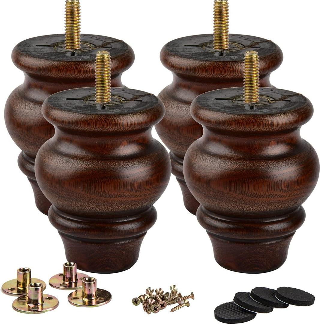 La Vane 3.5 inch / 9cm Wooden Furniture Legs, 4PCS Glaze Soild Wood Spindle Replacement Bun Feet with Pre-Drilled 5/16 Inch M8 Bolt & Mounting Plate & Screws for Couch Table Sofa Cabinet