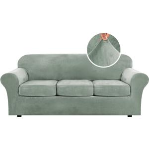 H.VERSAILTEX Modern Velvet Plush 4 Piece High Stretch Sofa Slipcover Sofa Cover Furniture Protector Form Fit Luxury Thick Velvet Sofa Cover for 3 Cushion Couch Width Up to 90 Inch (Sofa, Sea Grass)
