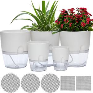 Self Watering Pots for Indoor Plants, Pack of 5 6/4.1/3.2 Inch Flower Pot Modern Decorative Plastic Planter with Extra Large Water Storage for All House Plants, Flowers, Herbs(White)