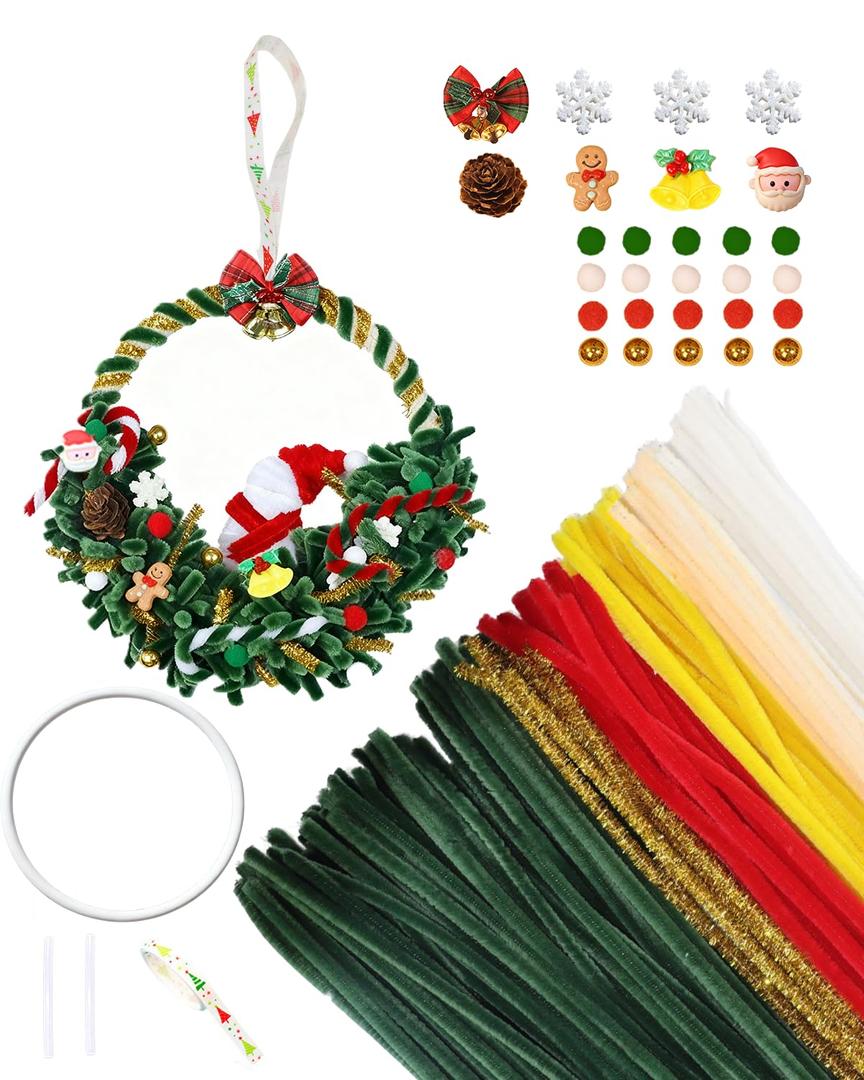 Pipe Cleaners Craft 115pcs, Christmas Pipe Cleaners Bulk for DIY 8 inches Christmas Wreath, Chenille Craft Making Kit for Making Wreath with Cute Accessories, Manual Decoration for Door, Wall, Window