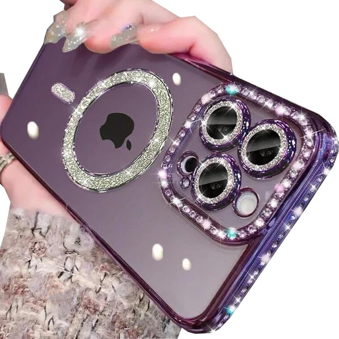 Changjia Magnetic Clear Glitter Case for iPhone 16 Pro Max,[Compatible with MagSafe] Cute Bling Sparkly Diamond with Camera Protector Soft TPU Bumper Women Girls Case for iPhone 16 Pro Max 6.9",Purple