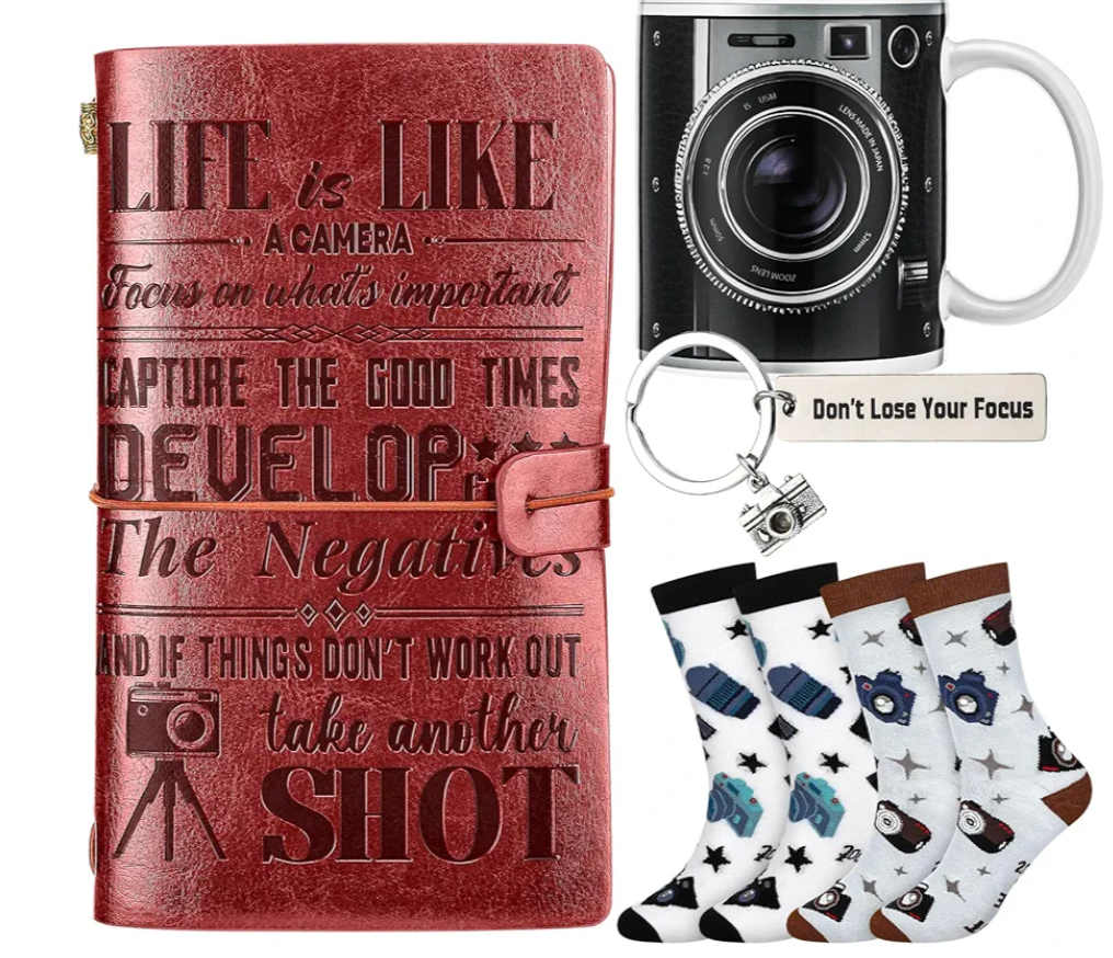 Vesici 5 Pcs Christmas Photographer Gift Set Camera Coffee Mug Keychains Socks Leather Embossed Refillable Notebook for Men Women Photo Lovers Photo Club Camera Encouragement Gift