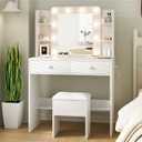 Haewon White Vanity Desk with Mirror, 10 LED Lights and Power Outlets, Makeup Vanity Mirror with 3 Lighting Color Adjustable, Dressing Table Set with Drawers Shelves Storage Chair for Bedroom
