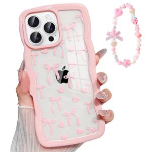 for iPhone 16 Pro Max Wavy Clear Silicone Bow Ribbon Women Trendy Cute Kawaii Girly Aesthetic Protective Shockproof Phone Cases with Beaded Phone Strap Lanyard Pink
