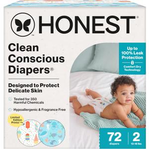 The Honest Company Comfort Dry Disposable Diapers for Sensitive Skin, Hypoallergenic, Fragrance-Free, Summer '25 Seasonal Prints, Club Box, Size 2 (12-18 lbs), 72 Count