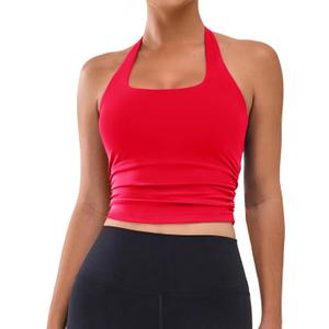 BMJL Womens Halter Built in Bra Workout Sports Tank Tops Buttery Longline Stappy Gym Crop Tops (Red, XL)
