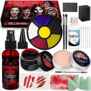 Halloween Special Effect Makeup Kit 6 Colors Fake Blood Face Body Painting, Liquid Latex Sfx Makeup with Skin Wax and Scar Stickers, Multiple Accessories for Vampire Zombie and Fake Scar