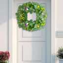 18" Green Berry Eucalyptus Leaf Wreath, Artificial Spring And Summer Wreath With Pink Purple Cones And Pomegranate Fruit Decorations Your Front Door And Windows, Suitable For Indoor And Outdoor