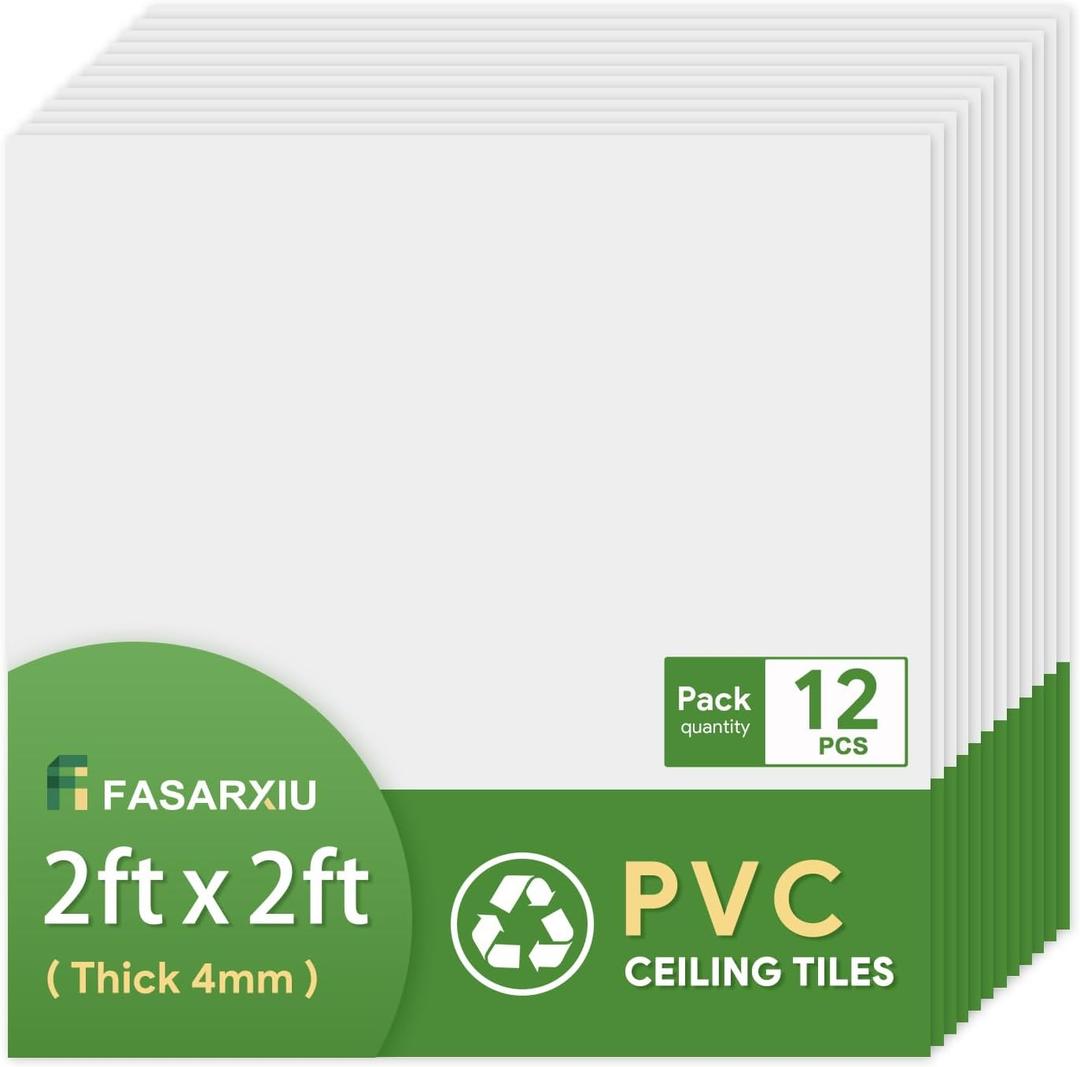 Fasarxiu 24"x24" White Drop Ceiling Tiles Waterproof High-Grade PVC Ceiling Tiles 2x2 Fire-Rated - Easy Drop-in Installation - Case of 12 (48 sq. ft.)