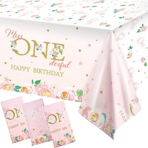 Tatuo 3 Pieces 1st Birthday Party Tablecloth Flower One First Birthday Table Cover Disposable Floral Miss Onederful Plastic Tablecloth for Kids Baby Shower Party Decoration Supplies, 54 x 108 Inch