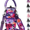 32/40/64/128 oz Neoprene Insulated Water Bottle Carrier Bag, Sling Bag Sleeve Pouch Holder with Strap & Paracord Handle and 2 Pocket for Travelling, Hiking, Camping (Purple Peony)