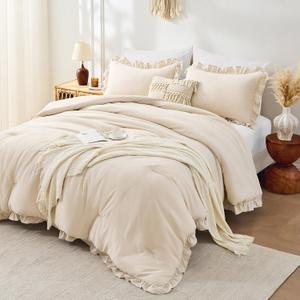 FUANNA Full Size Comforter Sets Beige, 3 Pieces Ruffle Full Size Bedding Sets, Fluffy Bed in a Bag Full for All Seasons, Shabby Chic Full Bed Set with 1 Lightweight Comforter & 2 Pillowshams