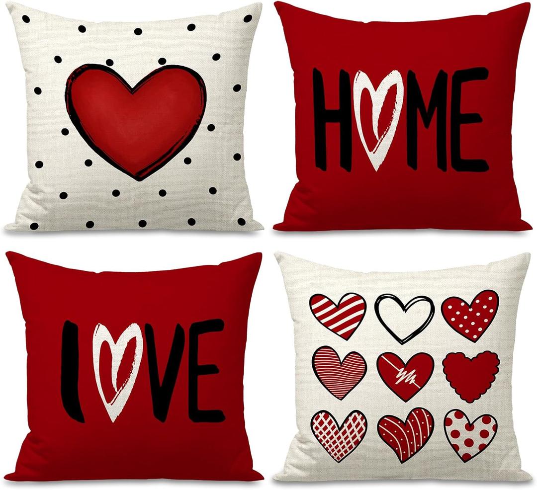 Valentines Day Pillow Covers 18x18 inch Set of 4 for Valentine Decor Red Black Dots Love Heart Throw Pillows Decorative Cushion Cases Valentines Day Decorations