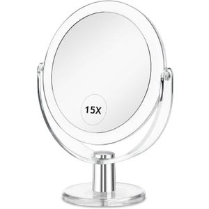 CLSEVXY Vanity Makeup Mirror with Stand, 1X/15X Magnification Double Sided 360 Degree Swivel, Portable Table Desk Counter top Magnifying Mirror, Tabletop Mirror for Bedroom or Dorm Room, 6.25 Inch (Transparent)
